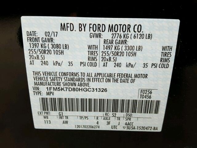 1FM5K7D80HGC31326 - 2017 FORD EXPLORER X BLACK photo 10