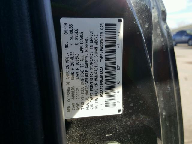 1HGCS12768A018646 - 2008 HONDA ACCORD EX BLACK photo 10