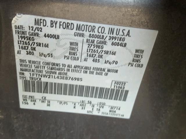 1FTNW21L43EB76985 - 2003 FORD F250 SUPER GRAY photo 10