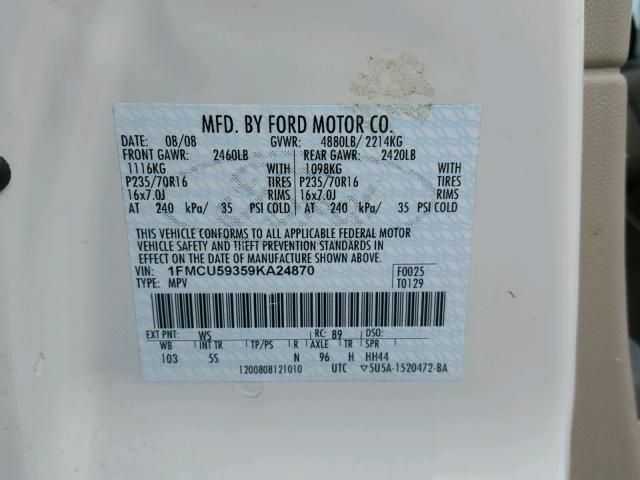 1FMCU59359KA24870 - 2009 FORD ESCAPE HYB WHITE photo 10