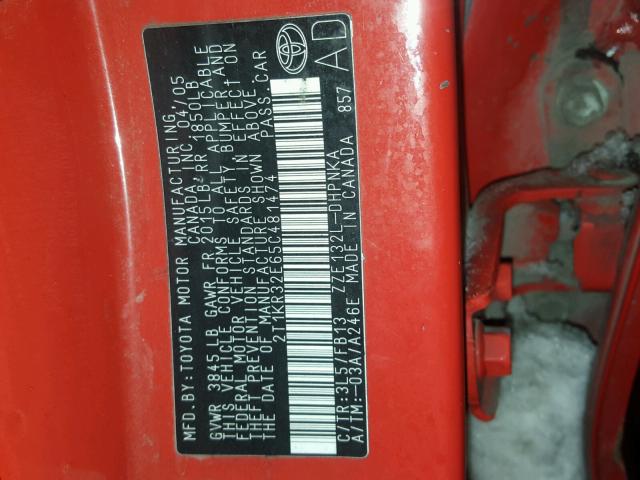 2T1KR32E65C481474 - 2005 TOYOTA COROLLA MA RED photo 10