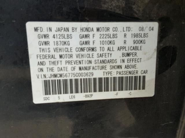 JHMCM56775C003629 - 2005 HONDA ACCORD EX BLACK photo 10