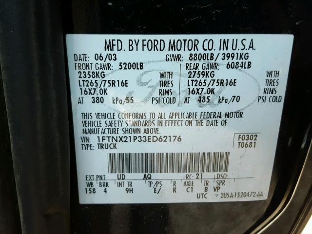 1FTNX21P33ED62176 - 2003 FORD F250 SUPER BLACK photo 10