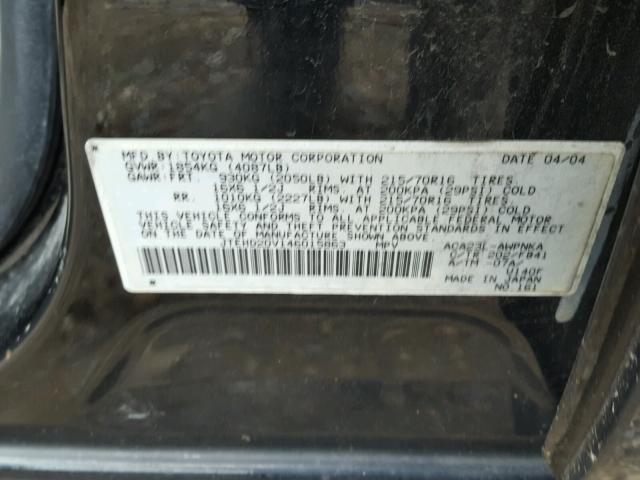 JTEHD20V146015863 - 2004 TOYOTA RAV4 BLACK photo 10