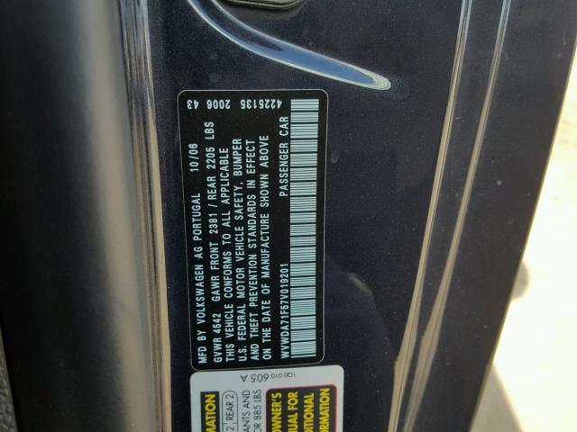 WVWDA71F57V019201 - 2007 VOLKSWAGEN EOS 2.0T S 蓝色 照片 10