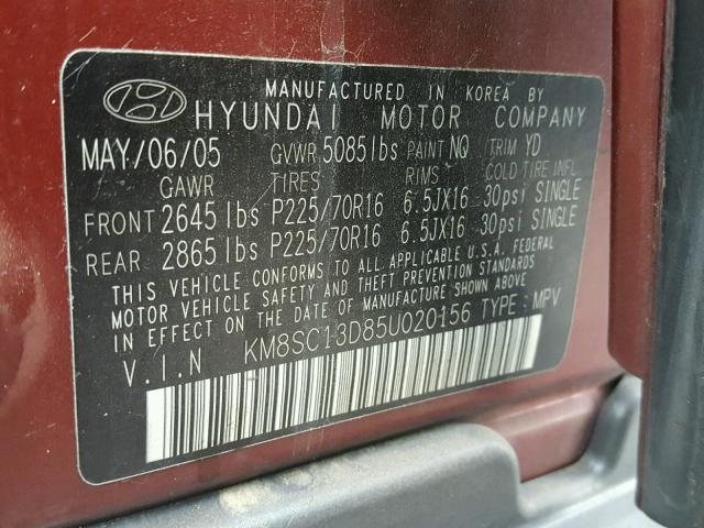 KM8SC13D85U020156 - 2005 HYUNDAI SANTA FE G BURGUNDY photo 10