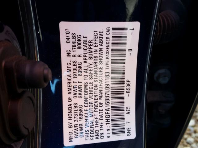 1HGFA16887L091183 - 2007 HONDA CIVIC EX BLUE photo 10