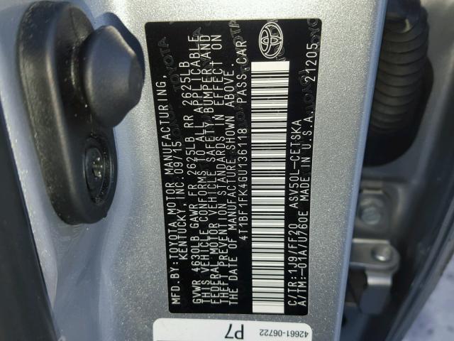 4T1BF1FK4GU136118 - 2016 TOYOTA CAMRY LE SILVER photo 10