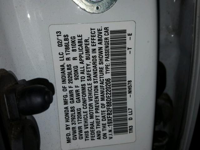 19XFB2F88DE220206 - 2013 HONDA CIVIC EX თეთრი ფოტო 10