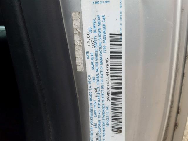 3VWDD21C31M447945 - 2001 VOLKSWAGEN NEW BEETLE 银色 照片 10