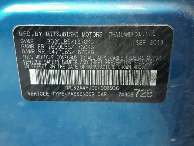 ML32A4HJ0EH006936 - 2014 MITSUBISHI MIRAGE ES BLUE photo 10