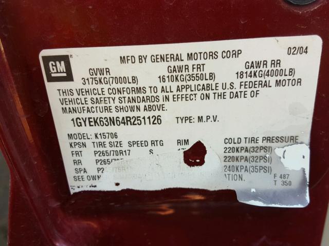 1GYEK63N64R251126 - 2004 CADILLAC ESCALADE L MAROON photo 10