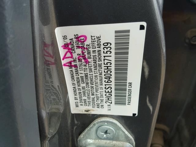 2HGES16405H571539 - 2005 HONDA CIVIC DX GRAY photo 10