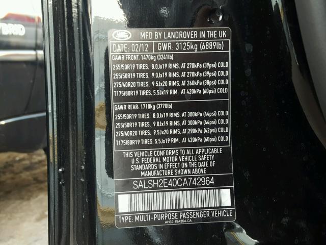 SALSH2E40CA742964 - 2012 LAND ROVER RANGE ROVE BLACK photo 10