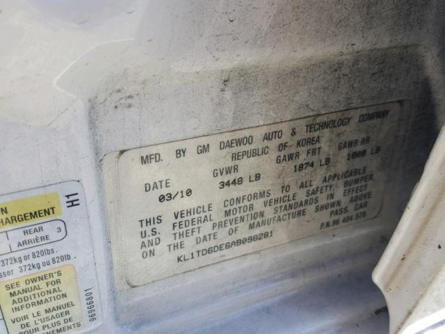 KL1TD6DE6AB098281 - 2010 CHEVROLET AVEO LS WHITE photo 10