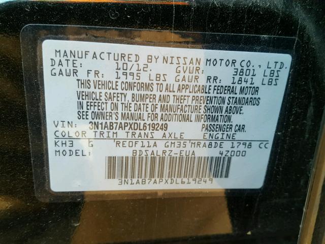 3N1AB7APXDL619249 - 2013 NISSAN SENTRA S BLACK photo 10