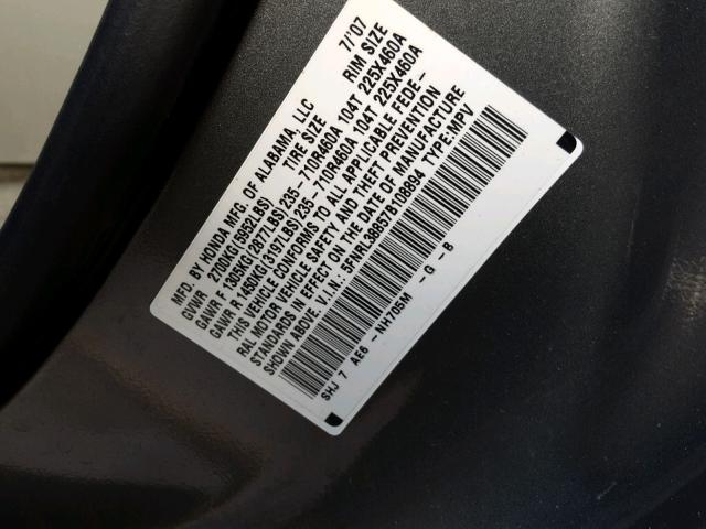 5FNRL38857B108894 - 2007 HONDA ODYSSEY TO GRAY photo 10