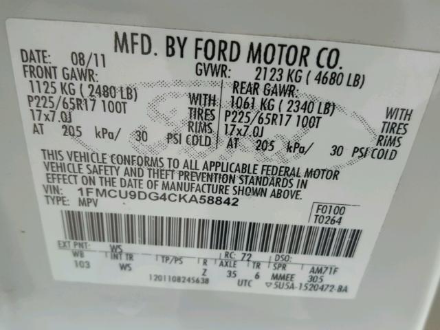 1FMCU9DG4CKA58842 - 2012 FORD ESCAPE XLT WHITE photo 10