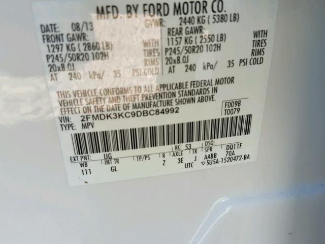 2FMDK3KC9DBC84992 - 2013 FORD EDGE LIMIT WHITE photo 10