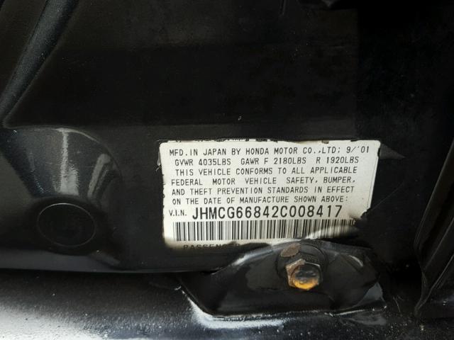 JHMCG66842C008417 - 2002 HONDA ACCORD EX BLACK photo 10