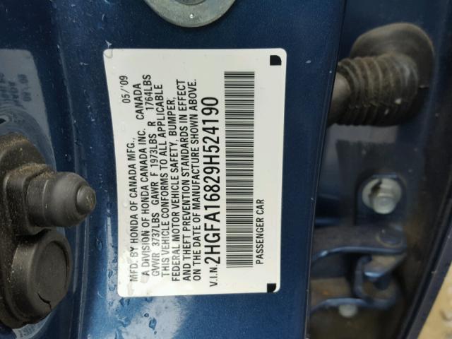 2HGFA16829H524190 - 2009 HONDA CIVIC BLUE photo 10