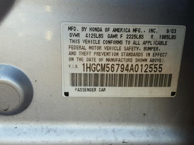 1HGCM56794A012555 - 2004 HONDA ACCORD EX SILVER photo 10