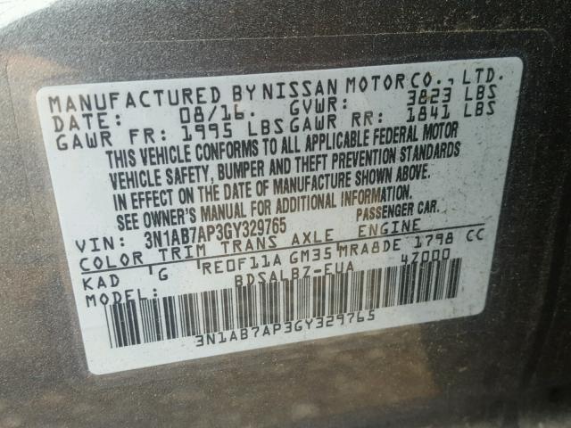 3N1AB7AP3GY329765 - 2016 NISSAN SENTRA S GRAY photo 10