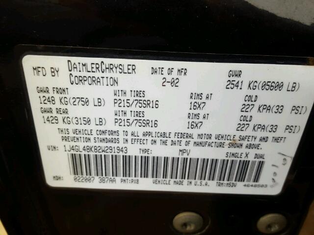 1J4GL48K82W291943 - 2002 JEEP LIBERTY SP BLACK photo 10