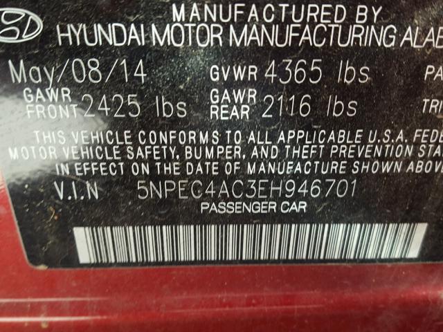 5NPEC4AC3EH946701 - 2014 HYUNDAI SONATA SE MAROON photo 10