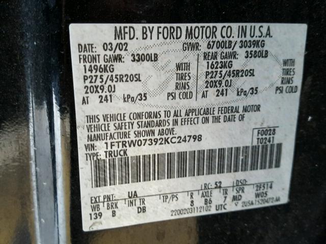 1FTRW07392KC24798 - 2002 FORD F150 SUPER BLACK photo 10