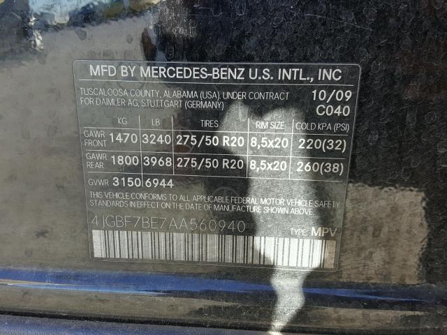 4JGBF7BE7AA560940 - 2010 MERCEDES-BENZ GL 450 4MA BLACK photo 10