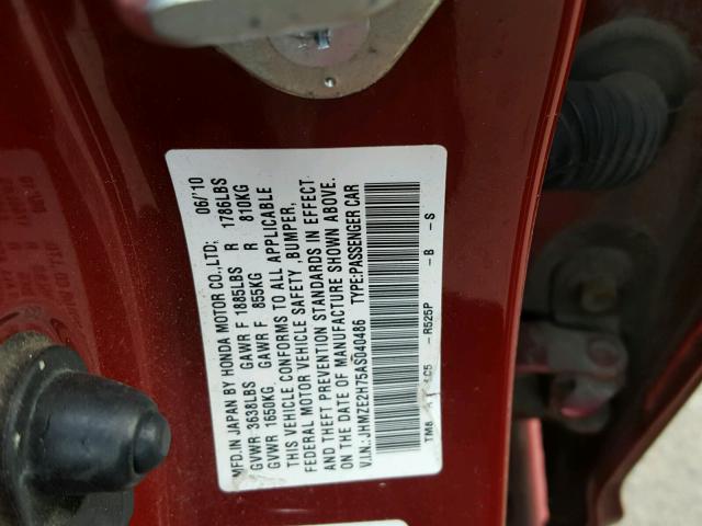 JHMZE2H75AS040486 - 2010 HONDA INSIGHT EX RED photo 10