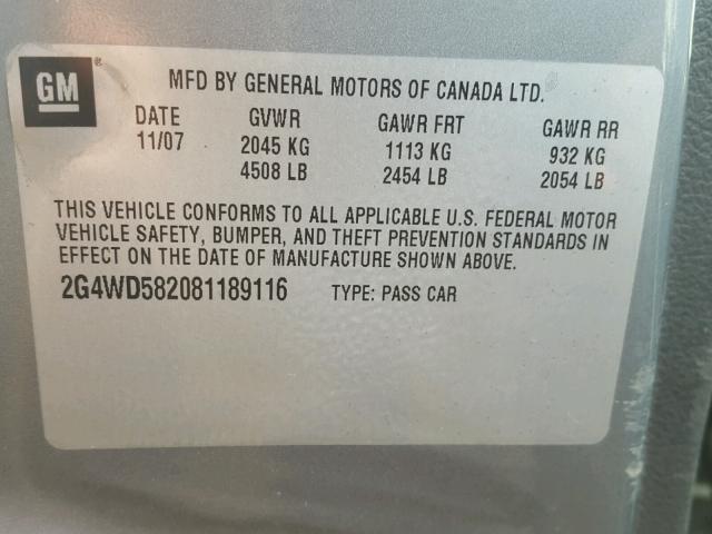 2G4WD582081189116 - 2008 BUICK LACROSSE C GRAY photo 10