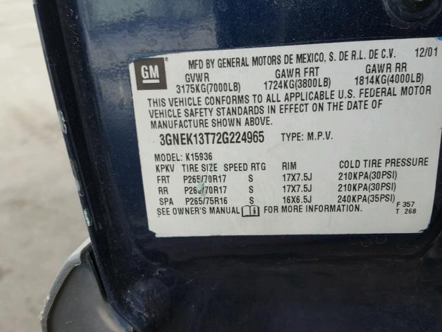 3GNEK13T72G224965 - 2002 CHEVROLET AVALANCHE BLUE photo 10