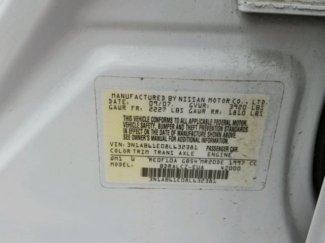 3N1AB61E08L632381 - 2008 NISSAN SENTRA 2.0 WHITE photo 10