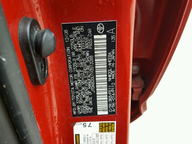 JTDKB20U793513288 - 2009 TOYOTA PRIUS RED photo 10