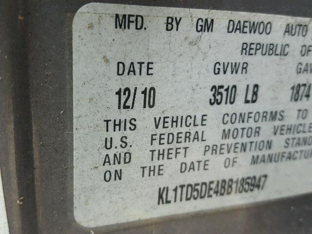 KL1TD5DE4BB185947 - 2011 CHEVROLET AVEO LS GRAY photo 10