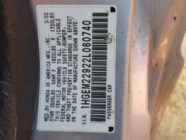 1HGEM22922L060740 - 2002 HONDA CIVIC EX SILVER photo 10