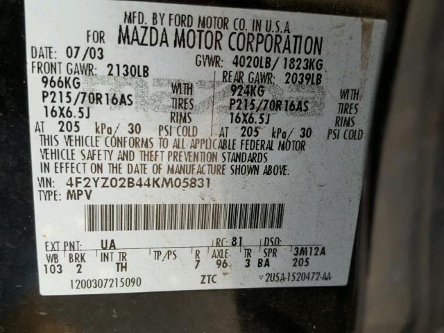 4F2YZ02B44KM05831 - 2004 MAZDA TRIBUTE DX 黑色 照片 10