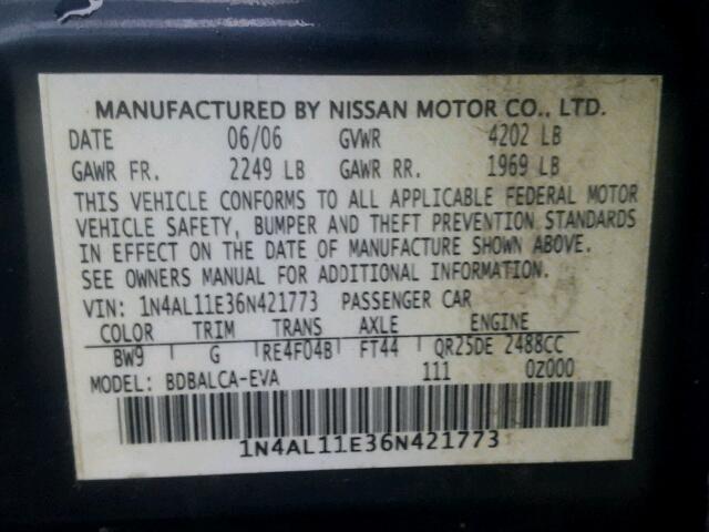 1N4AL11E36N421773 - 2006 NISSAN ALTIMA S BLUE photo 10