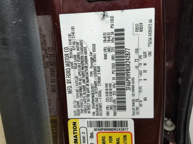 3FA6P0H98DR242877 - 2013 FORD FUSION SE BURGUNDY photo 10