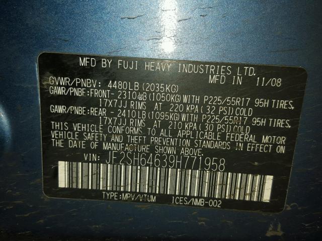 JF2SH64639H771958 - 2009 SUBARU FORESTER 2 BLUE photo 10