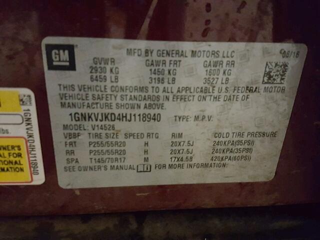 1GNKVJKD4HJ118940 - 2017 CHEVROLET TRAVERSE P RED photo 10