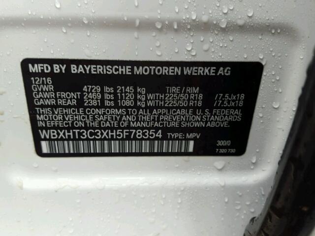 WBXHT3C3XH5F78354 - 2017 BMW X1 XDRIVE2 WHITE photo 10