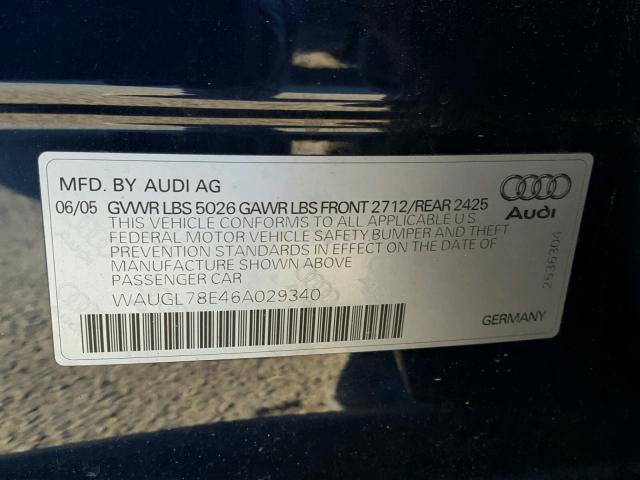 WAUGL78E46A029340 - 2006 AUDI S4 QUATTRO BLUE photo 10