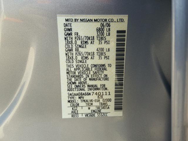 5N1AA08A66N740111 - 2006 NISSAN ARMADA SE SILVER photo 10