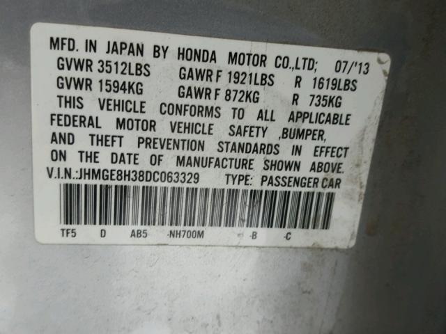 JHMGE8H38DC063329 - 2013 HONDA FIT SILVER photo 10