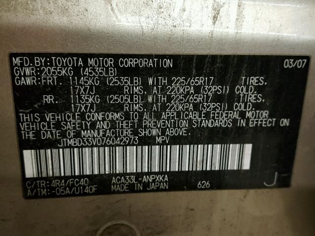 JTMBD33V076042973 - 2007 TOYOTA RAV4 GOLD photo 10