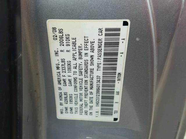 1HGCS12398A013437 - 2008 HONDA ACCORD LX- SILVER photo 10