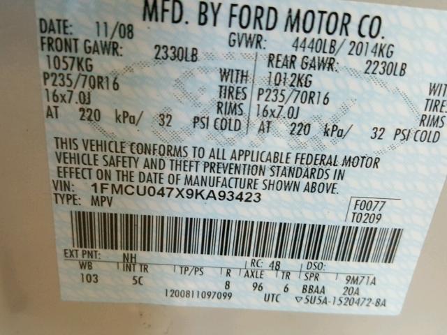 1FMCU047X9KA93423 - 2009 FORD ESCAPE LIM BEIGE photo 10